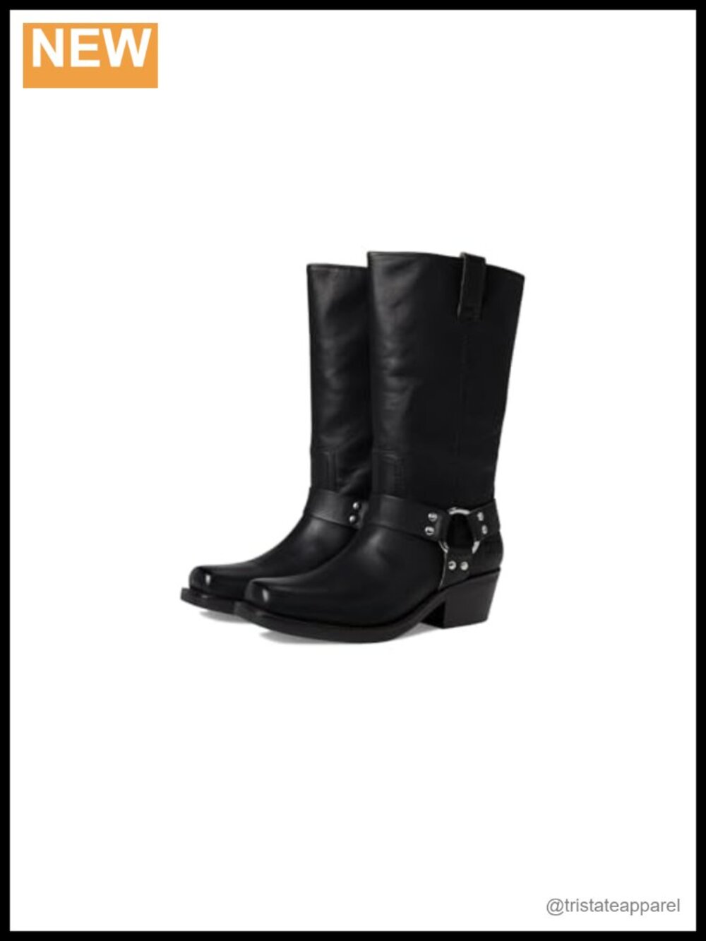 FRYE Lorrie Harness Vegan Leather Mid-Calf Motorcycle Boots Pull-On Square Toe